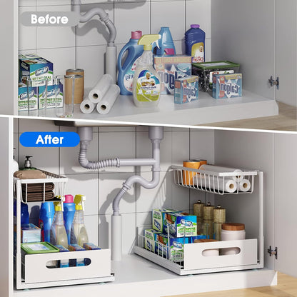 Under Sink Organizer, 2 Tier Pull-Out Cabinet Storage Shelf, Rust-Resistant Metal Organizer for Kitchen Bathroom Laundry Room, No Tools Installation, 1 Pack Black
