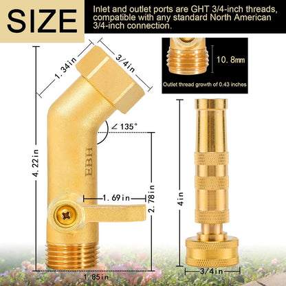 EBH Adjustable Heavy Duty Brass Garden Hose Nozzle - High Pressure Jet Nozzle, 135° Elbow and Comfort Grip with Hose Shut Off Valve, 3/4” GHT Nozzle for Garden Hoses and Car Washes