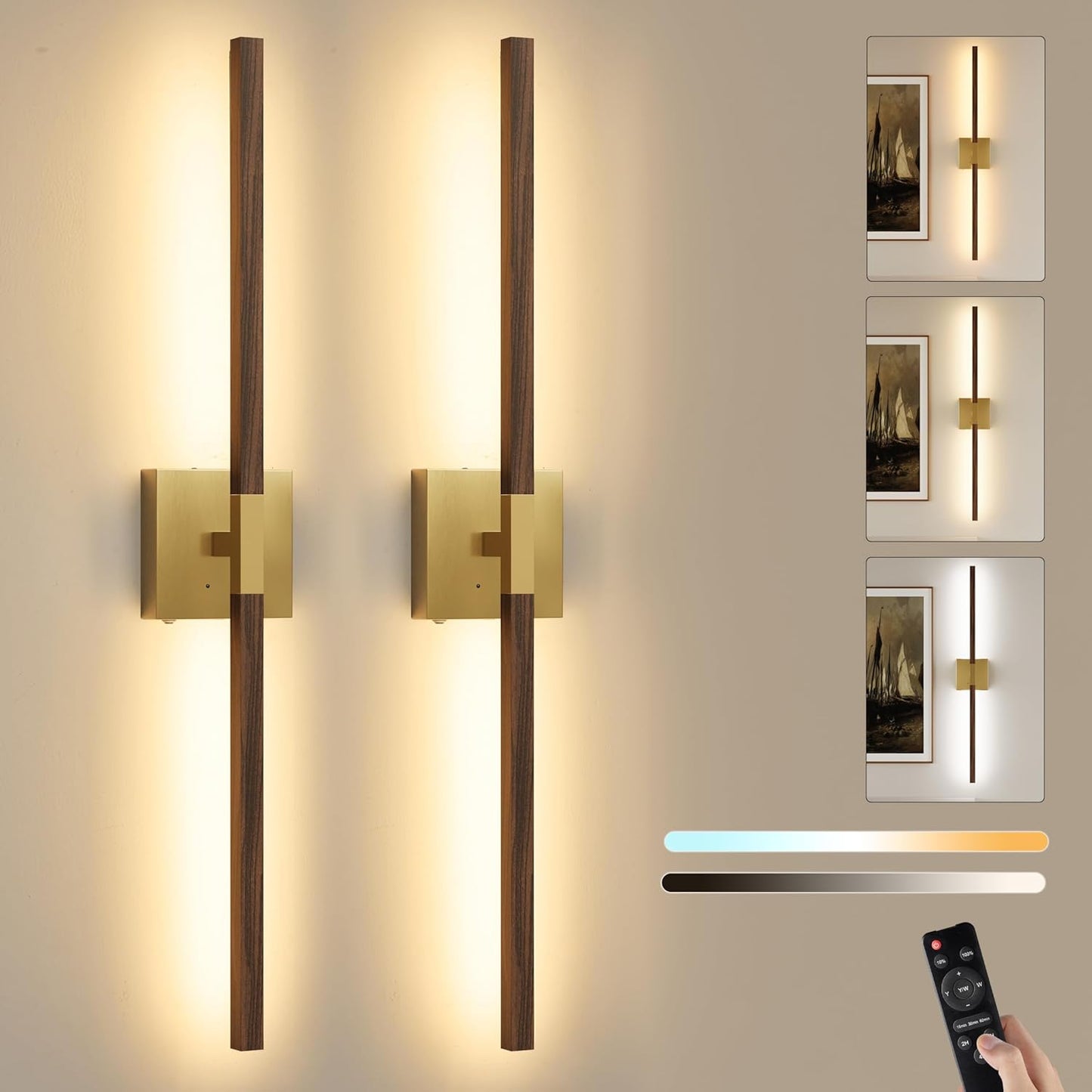 8000mAh Battery Operated Wall Sconce with Remote Control, 3000K-6000K Dimmable Black Wireless Rechargeable Wall Sconces Set of Two with Timer Function for Living Room, Bedroom, Stairwell, TV 24 Inch