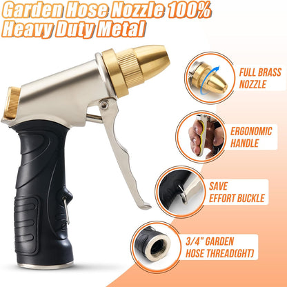 Graden Hose Nozzle,Heavy Duty Metal Garden Hose Spray Nozzle,100% Full Brass Nozzle High Pressure Water Hose Nozzles with Adjustable Spray Patterns for Watering Plants, Car Washing, and Pet Showering