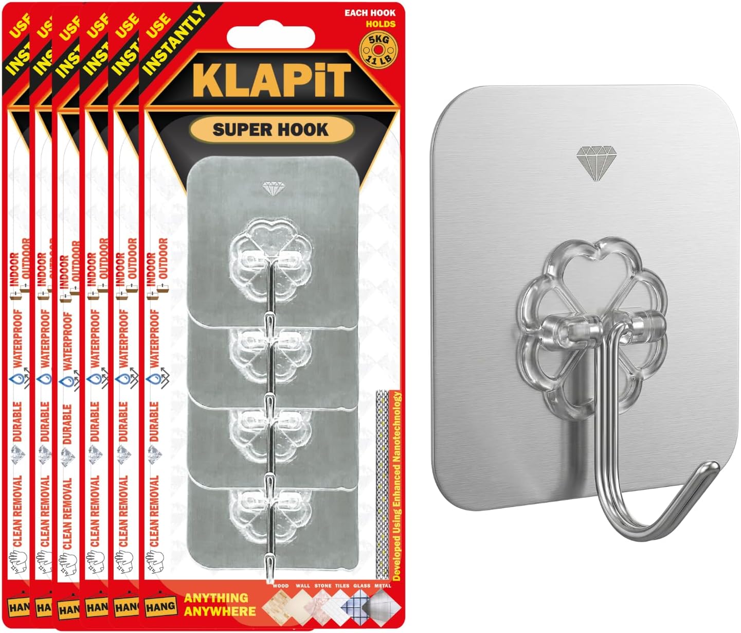 KLAPiT Super Hook - Heavy-Duty Adhesive Clear Wall Hooks Made of Stainless Steel, Holds up to 11 lbs, Waterproof, No Damage, Easy Install on Tile, Wood, Stone, Glass & Metal (Clear, 8pc)