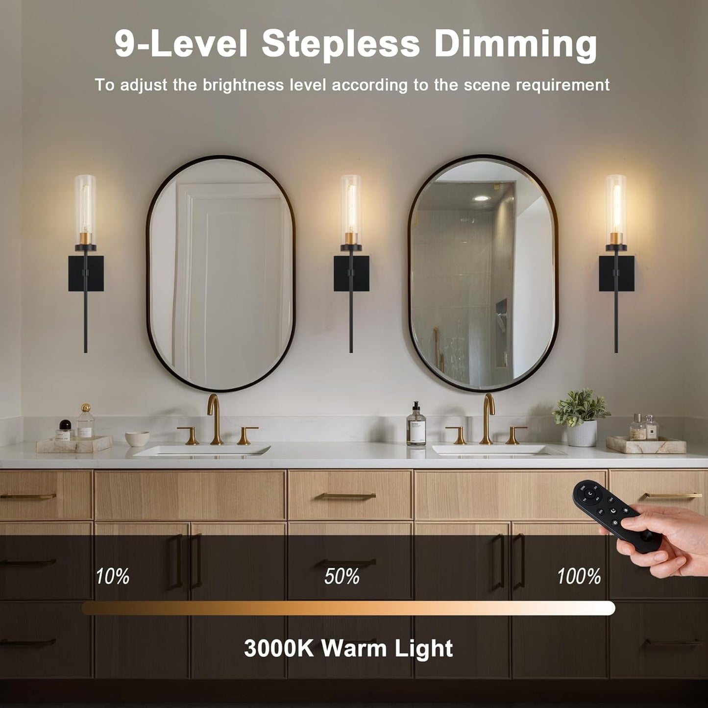 Wireless Wall Sconces with Remote Control, Battery Operated Wall Sconce Set of 2, Black & Gold Rechargeable Dimmable Wall Light for Bedroom Living room Bathroom Hallway Entryway Stairwell, 3000K
