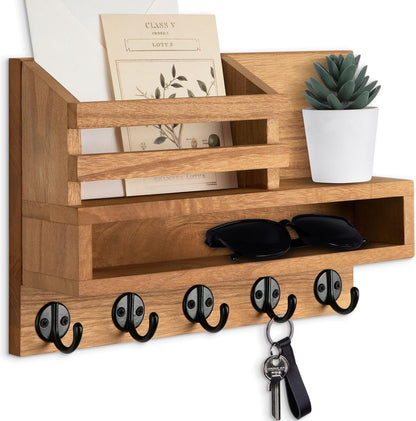 Key and Mail Holder Wall Mount, Key Hanger with Long Storage Box and 5 Hooks for Coat, Dog Leash, Home Decor Rack, House Accessories, Entry Way Organizer 11.8”W x 7.8”H x 3.2”D