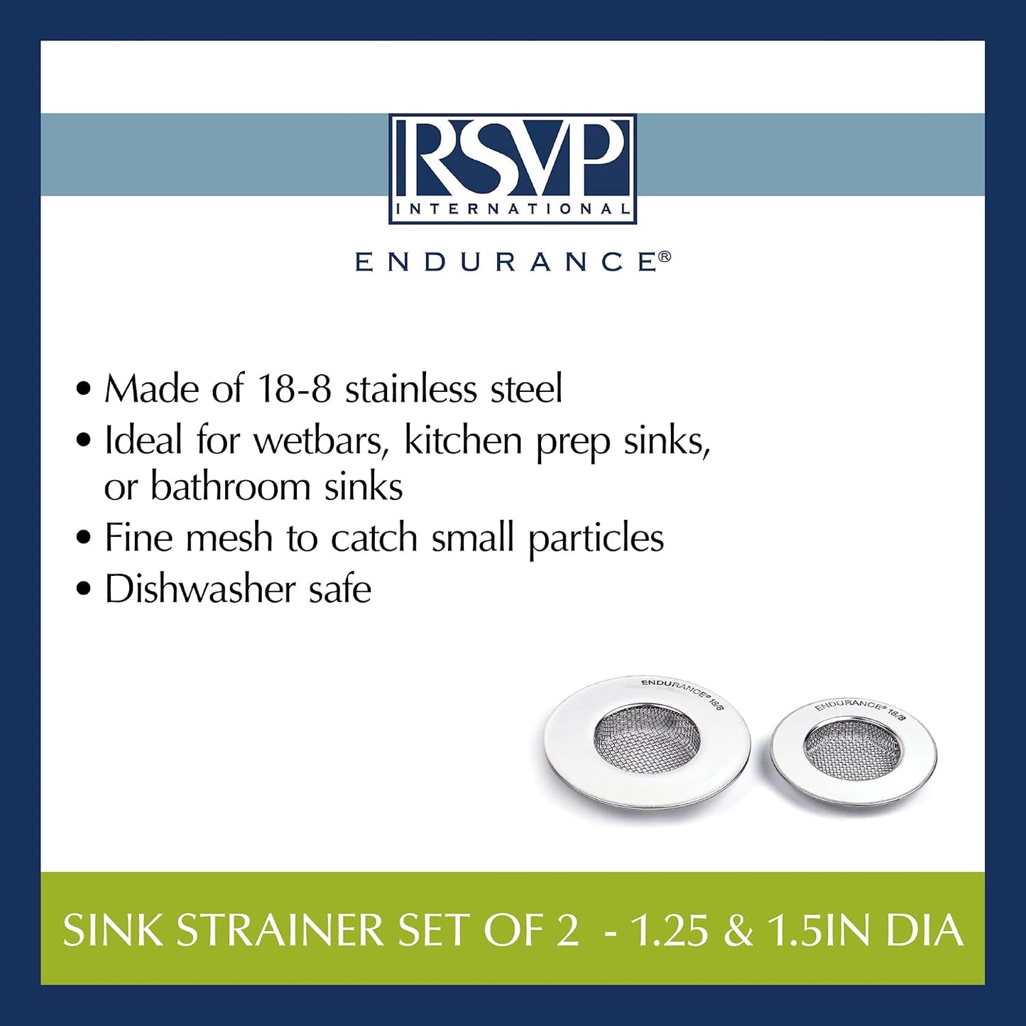 RSVP International Endurance® Stainless Steel Large Sink Strainer, 4.5" | Traps Food Scraps | Polished Finish with Precision Pierced Holes | Dishwasher Safe