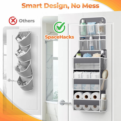 SpaceHacks 5-Tier Over the Door Organizer with Mesh Pockets, Baby Nursery Storage for Closet, Bathroom and Bedroom, Adjustable Hanging Closet Organizer for Cosmetics, Books and Essentials (Dark Grey)