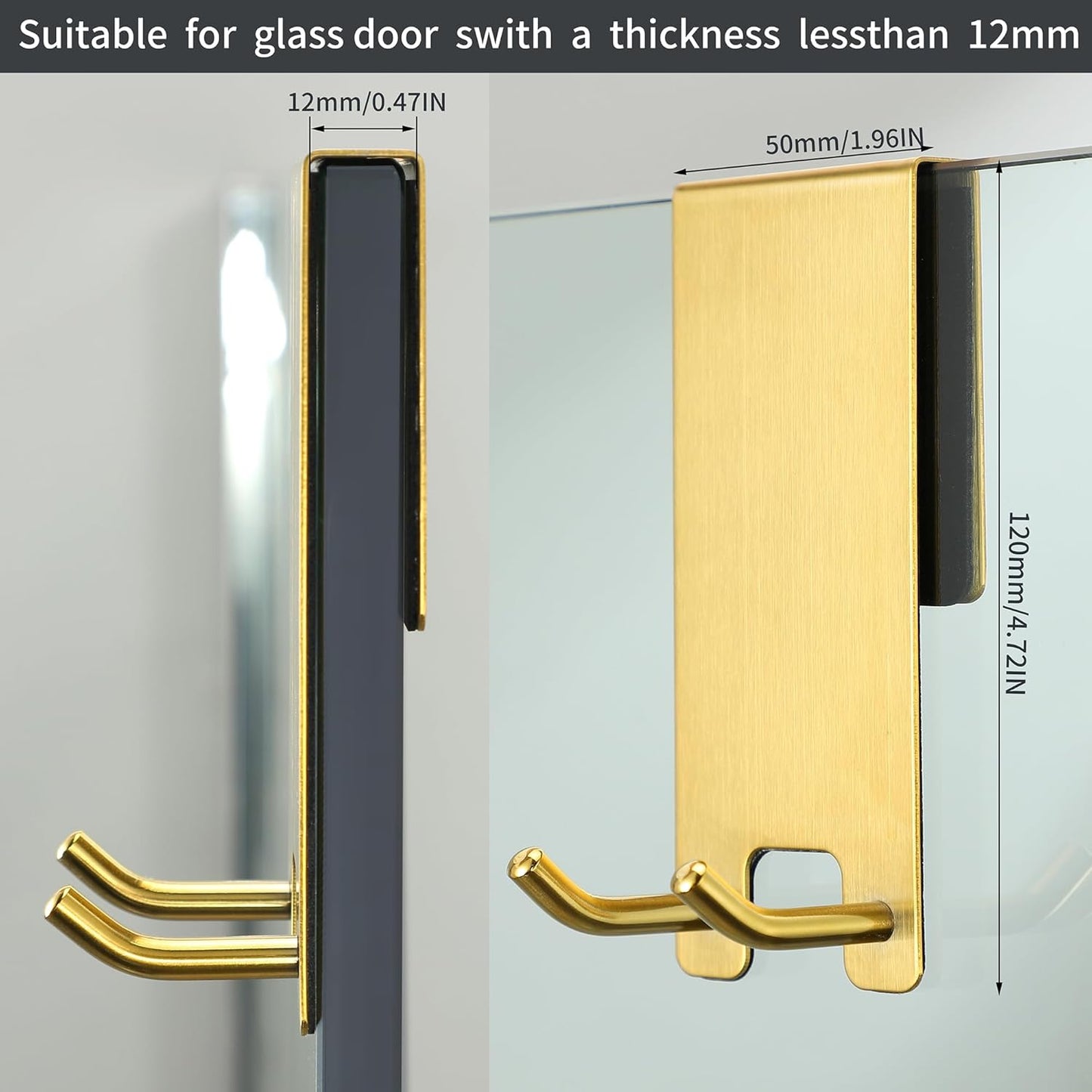 Taozun Shower Door Hooks, Gold Towel Hooks for Bathroom Frameless Glass Door, Shower Squeegee Hooks, 2-Pack, Stainless Steel