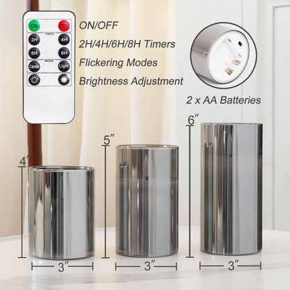 Homemory Green Glass Flameless Candles, Battery Operated LED Pillar Candles with Remote Control and Timer, Radiance Candles, Real Wax, Set of 3,D3 xH4 5" 6"