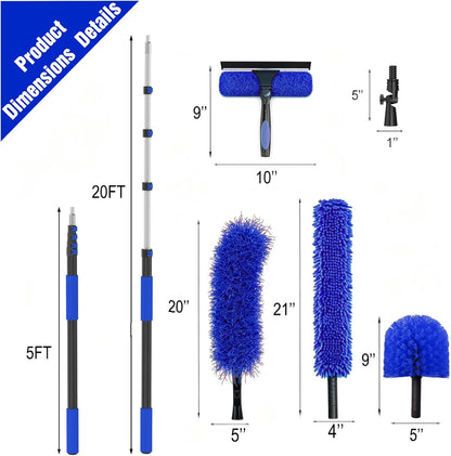 30FT Reach Duster Kit, Window Cleaning with 5-24FT Telescoping Extension Pole, High Ceiling Duster, Microfiber Feather Duster, Cobweb Duster, Window Squeegee, Feather Duster, Extendable Pole Kit