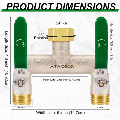 Garden Hose Splitter, 2 Way Heavy Duty Outdoor Faucet Splitter, Extra Long Handles High Flow Hose Adapter,with Shutoff Valves,3/4" GHT Thread