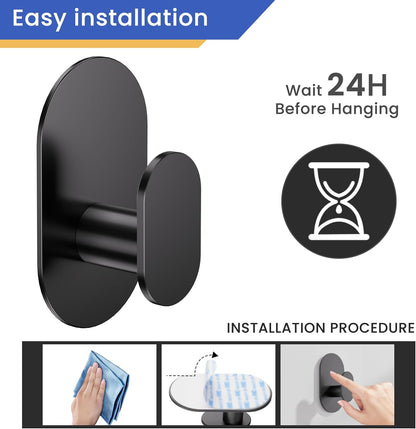 Aikzik Black Adhesive Hooks Heavy Duty-Max 26lb, Wall Hooks for Shower, Bathroom, Towel, Coat, Robe, Stainless Steel Hooks for Hanging, Sticky Hooks for Walls No Damage- 4 Pack