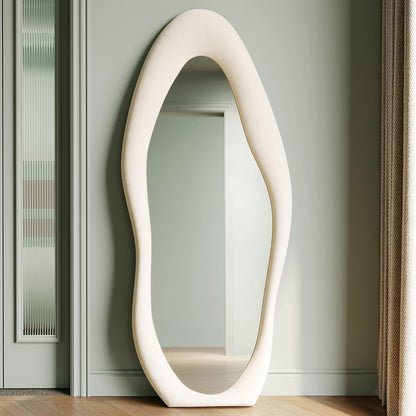 Honyee Full Length Mirror, 63" x 24" Wall Mirror, Flannel Wrapped Wooden Frame Floor Mirror, Irregular Wavy Mirror Hanging or Leaning Against Wall for Cloakroom/Bedroom/Living Room, Milk Tea