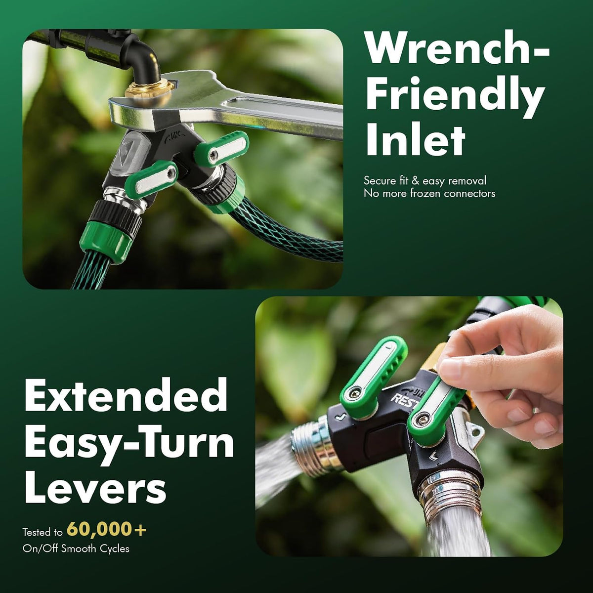 RESTMO 2 Way Garden Hose Splitter Heavy Duty Full Metal Body, Full Flow Design with Oversized Ball Valve, Y Outdoor Faucet Spigot Adapter with Extended Levers, 3/4" GHT Thread - Green 1 Pack