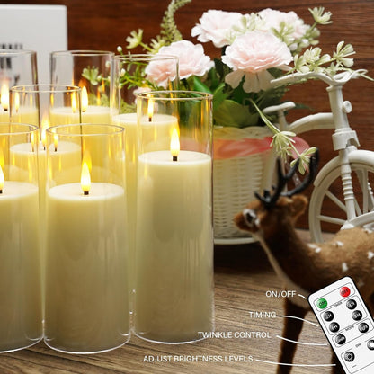 kakoya Flickering Flameless Candles Battery Operated with Remote and 2/4/6/8 H Timer Plexiglass Led Pillar Candles Pack of 9(D2.3 xH5.5 6.5" 7.5") with Realistic 3D Wick Candles for Home Decor(Ivory)
