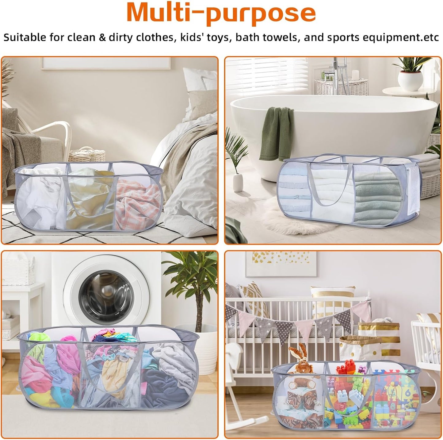 Foldable Laundry Baskets, Collapsible Mesh Laundry Hamper, Durable Pop Up Laundry Basket, 3 Compartments Clothes Hampers for Laundry, Easy to Carry & Sort for Dorm, Home, Kids Room, Travel Black