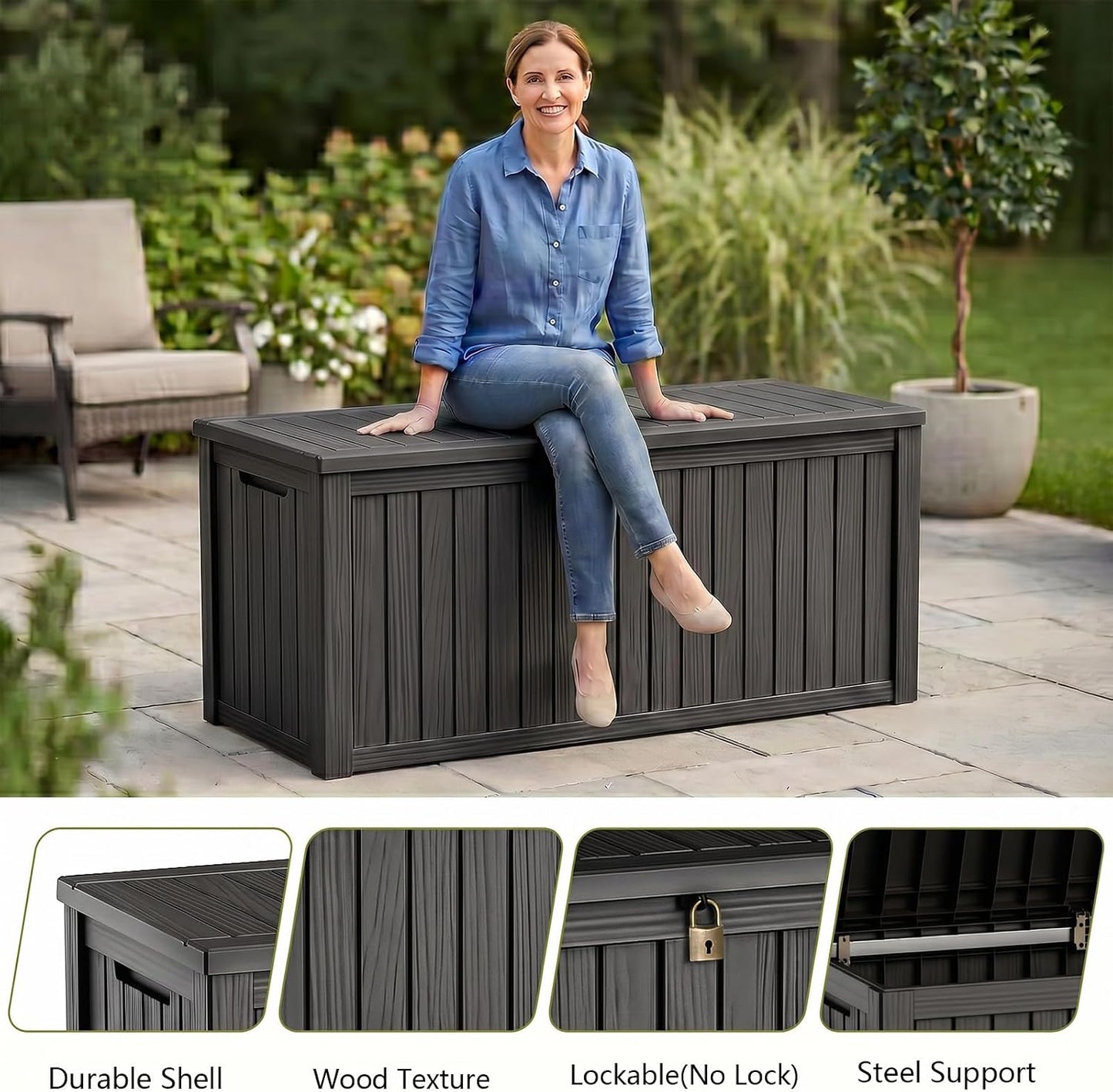 Waterproof Outdoor Storage Box Outside Deck Box Lockable Resin Bench UV Resistant Furniture Cushion Pool Tool Float Bin Patio Garden Porch (Black, 120 Gallon)