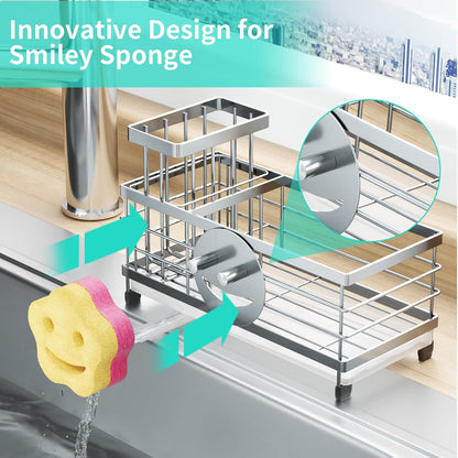 HapiRm Sponge Holder for Kitchen Sink - Self-draining Sink Caddy with Brush and Dishcloth Holders, Stainless Steel Kitchen Countertop Organizers and Storage Essentials - Black