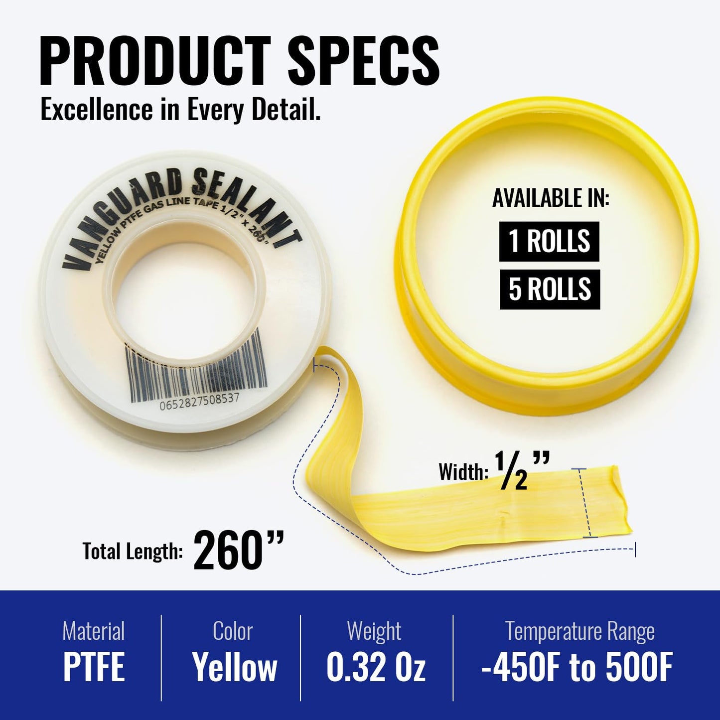 Teflon Gas Pipe Thread Sealant - PTFE Yellow Teflon Tape for Gas Fittings - 260" Length Pipe Thread Tape 1/2 inch High Resistance Leak Prevention - Propane Thread Seal Tape