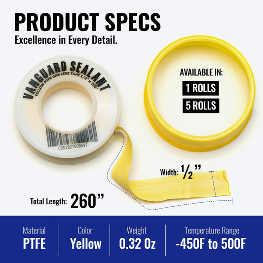 Teflon Gas Pipe Thread Sealant - PTFE Yellow Teflon Tape for Gas Fittings - 260" Length Pipe Thread Tape 1/2 inch High Resistance Leak Prevention - Propane Thread Seal Tape
