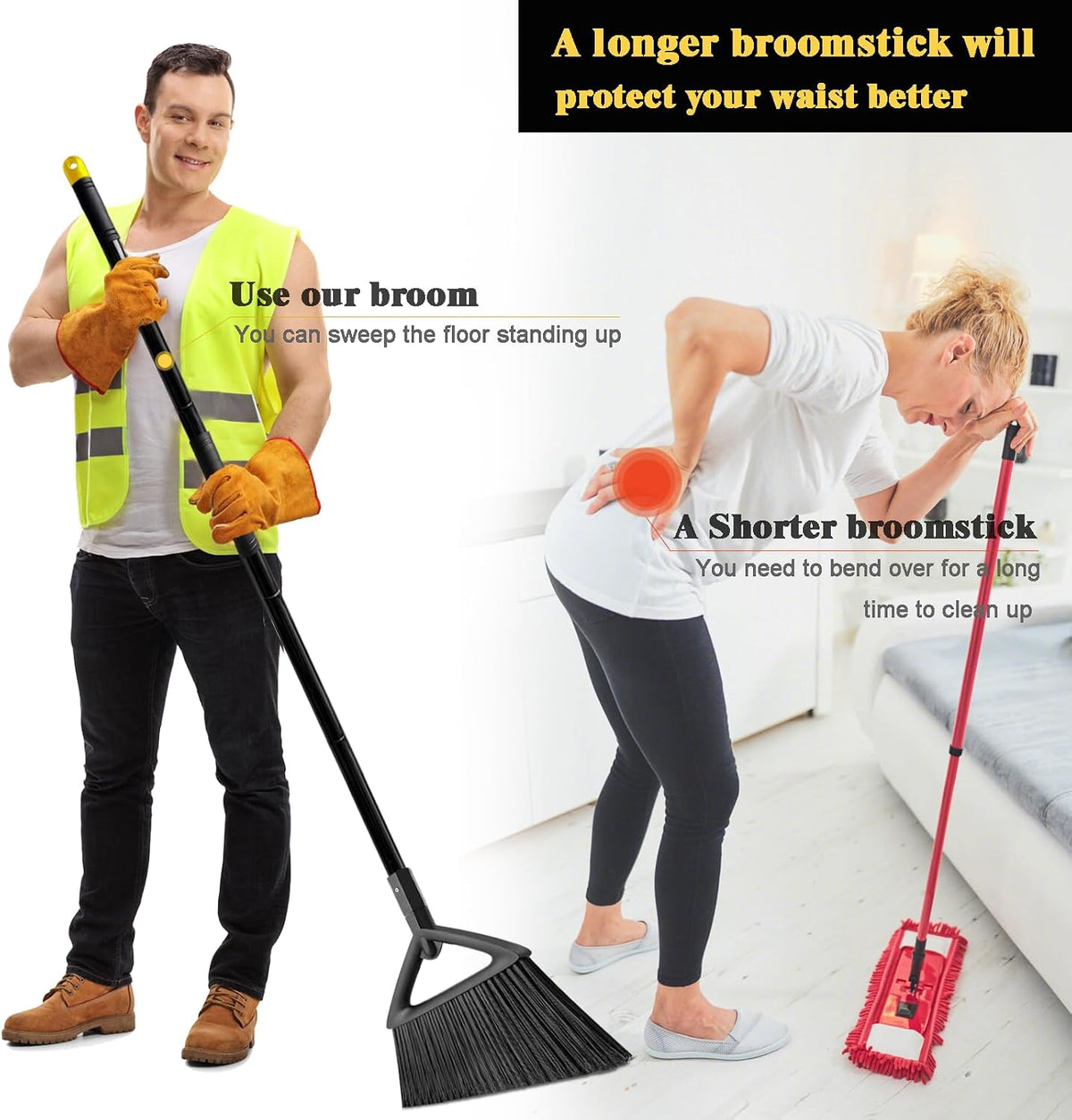 Heavy Duty Broom Outdoor and Indoor, 2 Pack Commercial Angle Brooms with Longer Handle, Perfect Black Broom for Garage, Kitchen, Courtyard, Restaurant