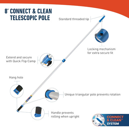 Unger Professional Connect and Clean 18” Grip Microfiber Window Scrubber with 8’ Pole, High-Access Glass Surface Household Cleaning Supplies and Tools, Reusable Microfiber Sleeve