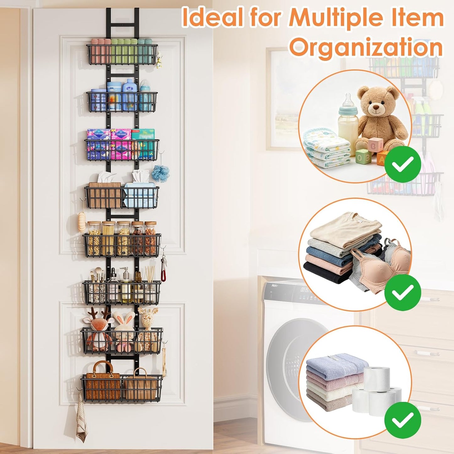 Hongtamoya Over The Door Organizer, Hanging Door Organizer with 5 Metal Baskets, Behind The Door Storage for Pantry Closet Bedroom Bathroom Cabinet Kitchen, White