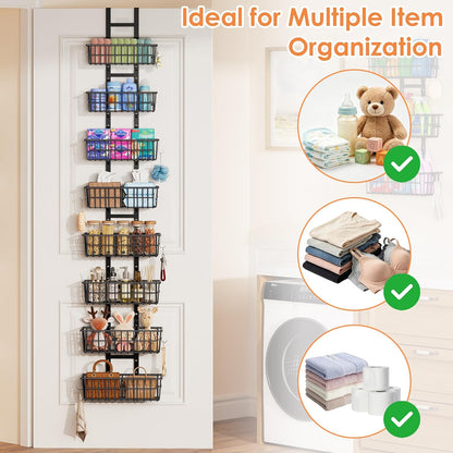 Hongtamoya Over The Door Organizer, Hanging Door Organizer with 5 Metal Baskets, Behind The Door Storage for Pantry Closet Bedroom Bathroom Cabinet Kitchen, White
