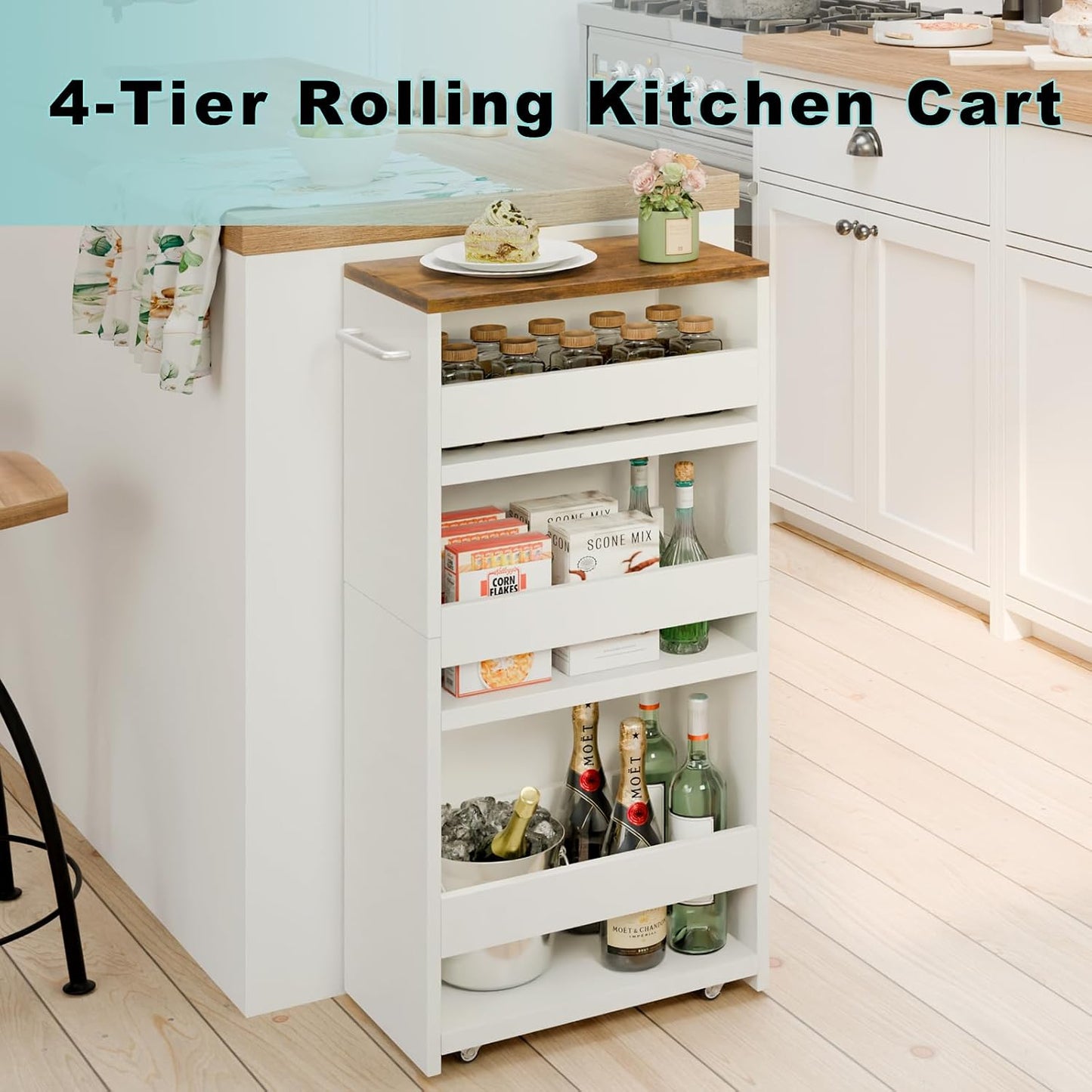 MARTY Slim Rolling Storage Cart 4-Tier Kitchen Cart with Wheels, Laundry Room Storage with Handle Slide Out Utility Cart Shelving Unit Organizer Trolley for Narrow Places Bathroom Small Corner, Black