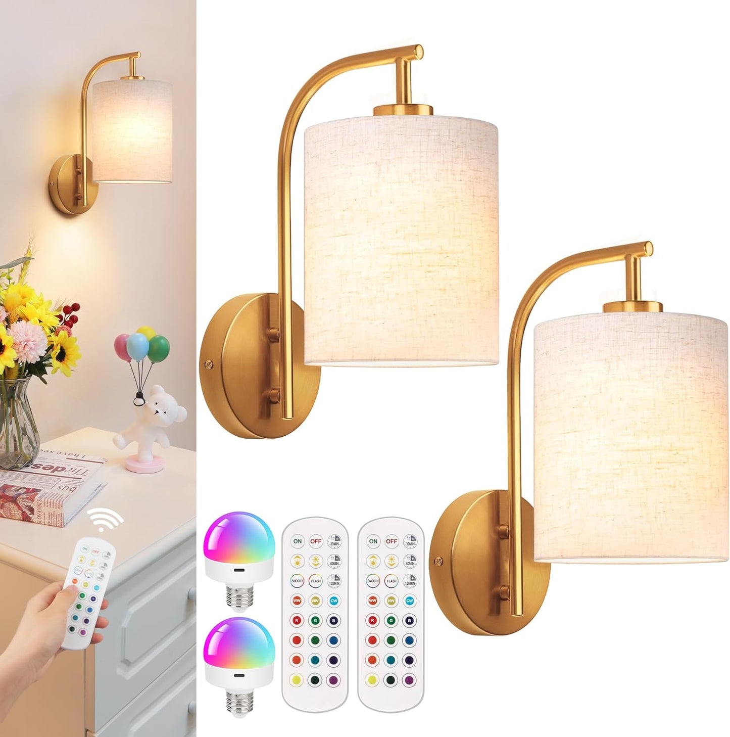 MATAMEYE Battery Operated Wall Sconce Set of 2, Black Rechargeable Wireless Wall Light Fixture with Remote, 12 RGB Colors & Timer, Indoor Dimmable Wall Lamp with Linen Shade