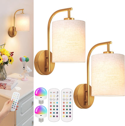MATAMEYE Battery Operated Wall Sconce Set of 2, Black Rechargeable Wireless Wall Light Fixture with Remote, 12 RGB Colors & Timer, Indoor Dimmable Wall Lamp with Linen Shade