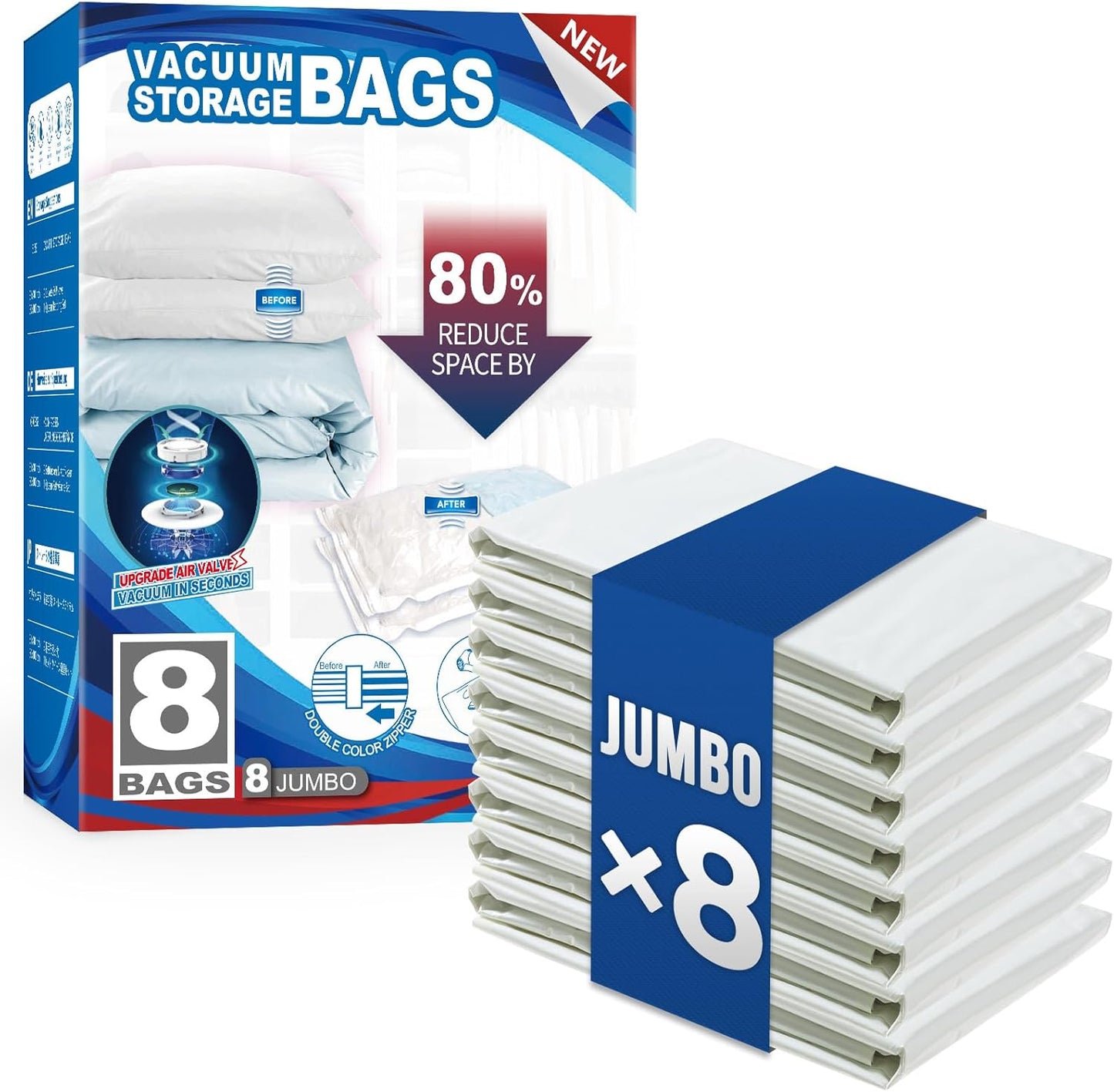 TAILI 8 Pack Vacuum Storage Bags, Jumbo Size (31×40 inch), Vacuum Seal Bags for Clothing, Bulky Bedding, Comforter, Blankets, Pillows, Space Saver Packing