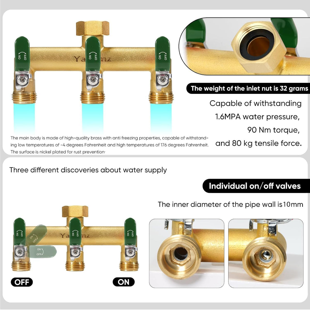 Garden Hose Splitter, 3/4” Rust and Freeze Resistant Outdoor Hose Manifold with 2 Green Extra Long Handles Faucet Adapter-Heavy Duty Brass 2-Way Valve