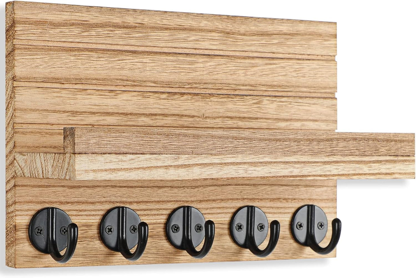 Lwenki Key Holder for Wall, Decorative Key and Mail Holder with Shelf Has Large Key Hooks for Bags, Coats – Paulownia Wood Key Hanger with Mounting Hardware (9.8”W x 6.7”H x 4.2”D) (Brown)