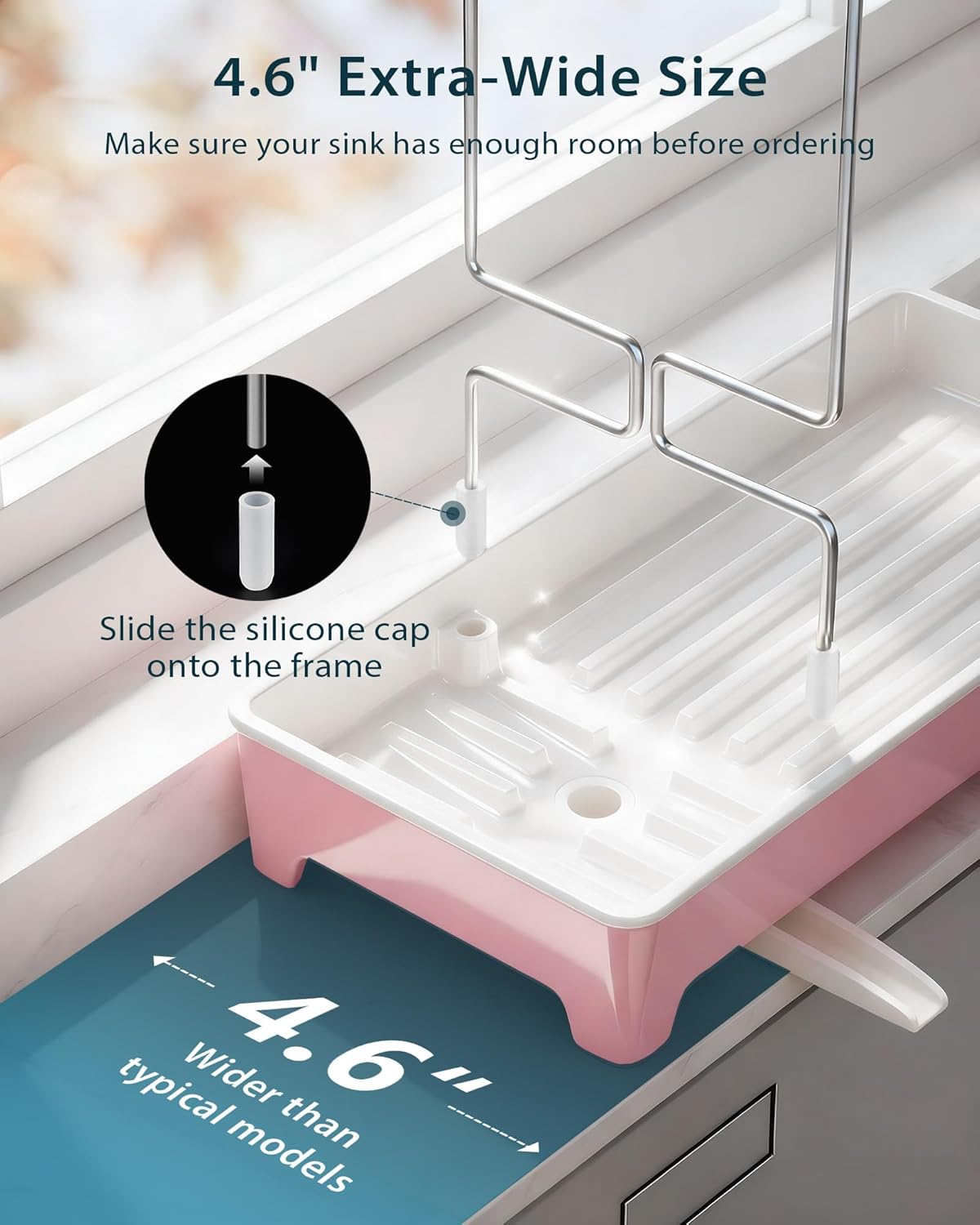 Minimalist Sink Caddy, Rustproof Sponge Holder for Kitchen Sink with 304 Stainless-Steel Brush Holder, Countertop Rack Organizer with Raised Ridges & Silicone Drain Tube (Black, Large)