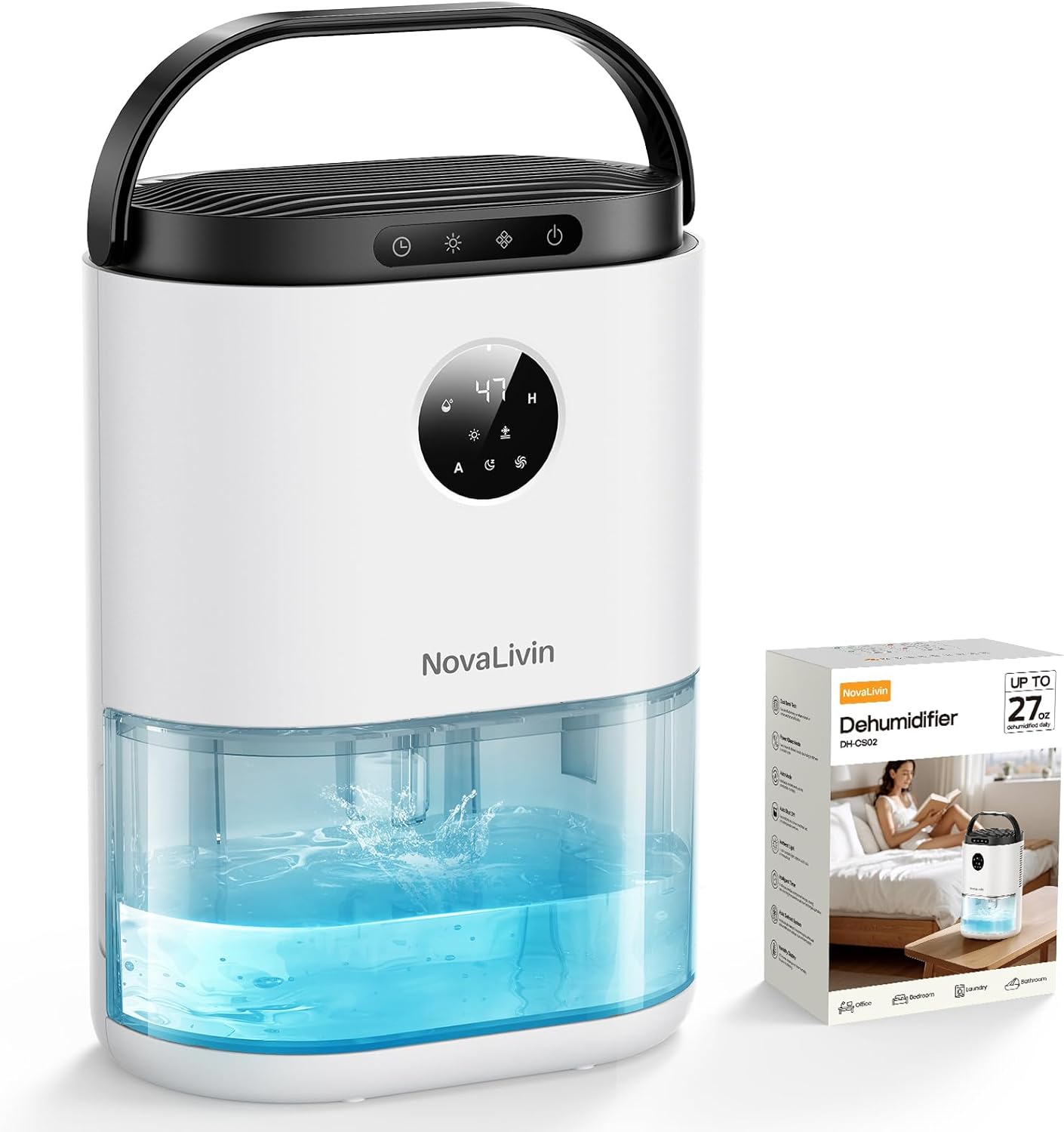 Dehumidifier for Home, Dehumidifiers for Bathroom, Bedroom, Living room, Closet with 68 OZ Water Tank, Moisture Absorbers, Auto Shut Off, Auto Humidity Control, 7 Colors LED Light, White