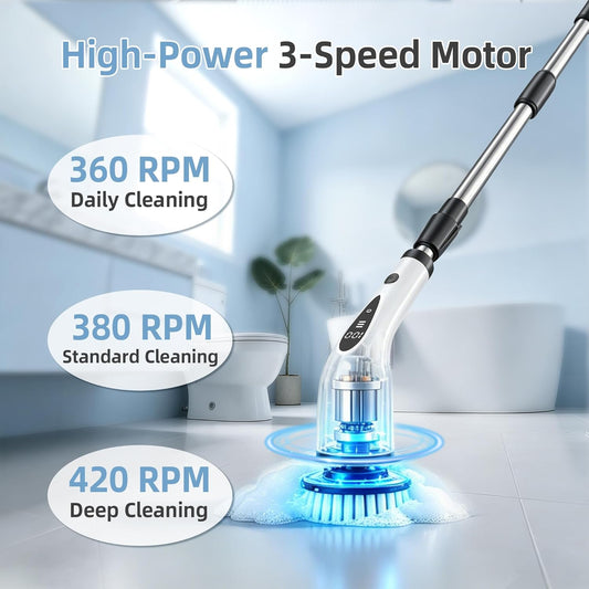 Electric Spin Scrubber, 3-Speed Flat End Brush with 8 Brush Heads & Base, Adjustable Long Handle, Digital Display, 2500mAh Fast Charging, for Bathroom, Tub, Tile, Floor（White
