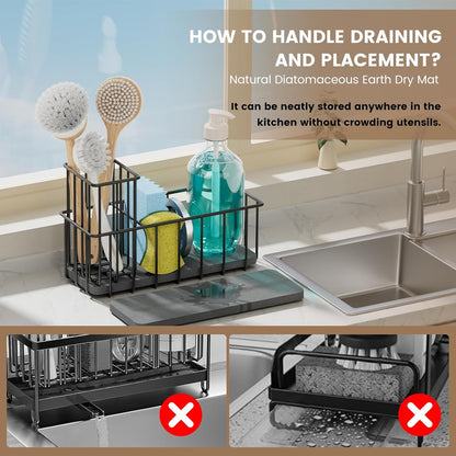 Kitchen Sink Countertop Sponge Holder - Stainless Steel Soap Caddy - Home Decor Kitchens Counter Organizer Accessories - Dish Brush Holder with Drain Rack and Tray - Organization and Storage Gadgets