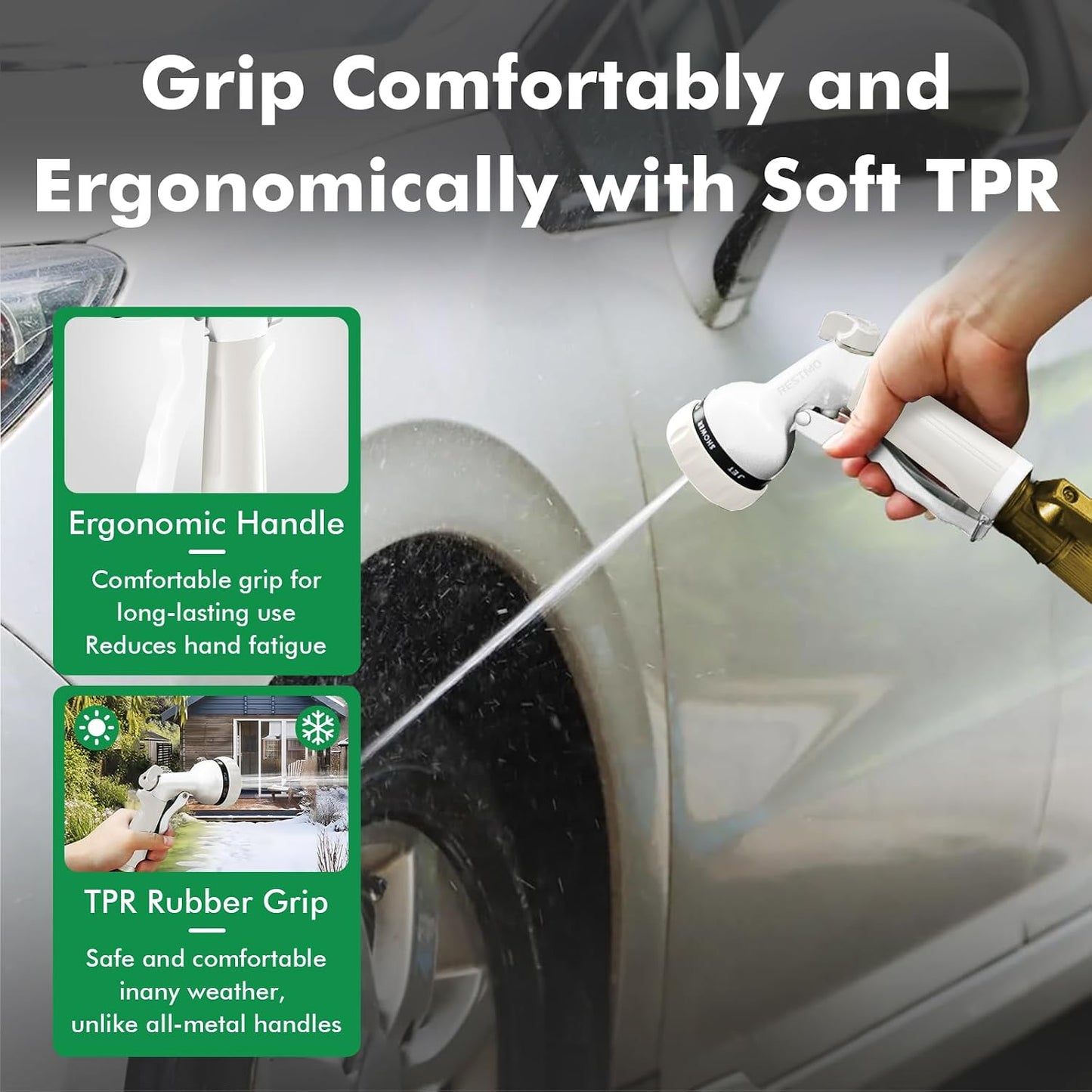 RESTMO Garden Hose Nozzle, Heavy Duty Metal Water Hose Nozzle with 7 Adjustable Spray Patterns, High Pressure Hand Sprayer with Flow Control for Watering Plants & Lawns, Washing Cars & Pets