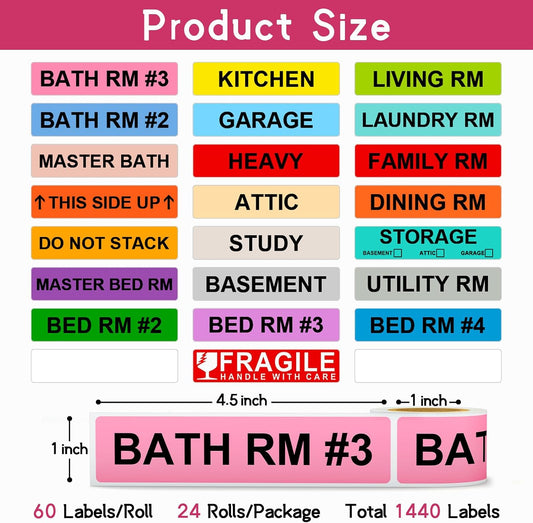 24 Rolls Color Coding Moving Labels, 1440 Count Home Moving Labels for Boxes Stickers + Packing Stickers + Fragile Moving Stickers + Heavy & Blank Labels