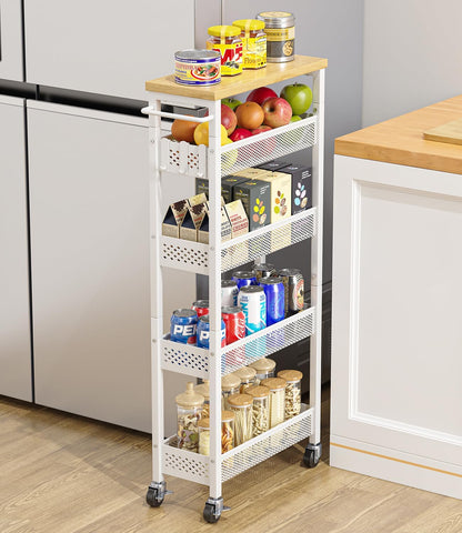 Giwil Slim Storage Cart 5 Tier Narrow Kitchen Rolling Cart on Wheels for Small Space, Metal Utility Cart Narrow Bathroom Storage Cabinet Mobile Shelf Unit Organizer with Wood Top and Handle, Black