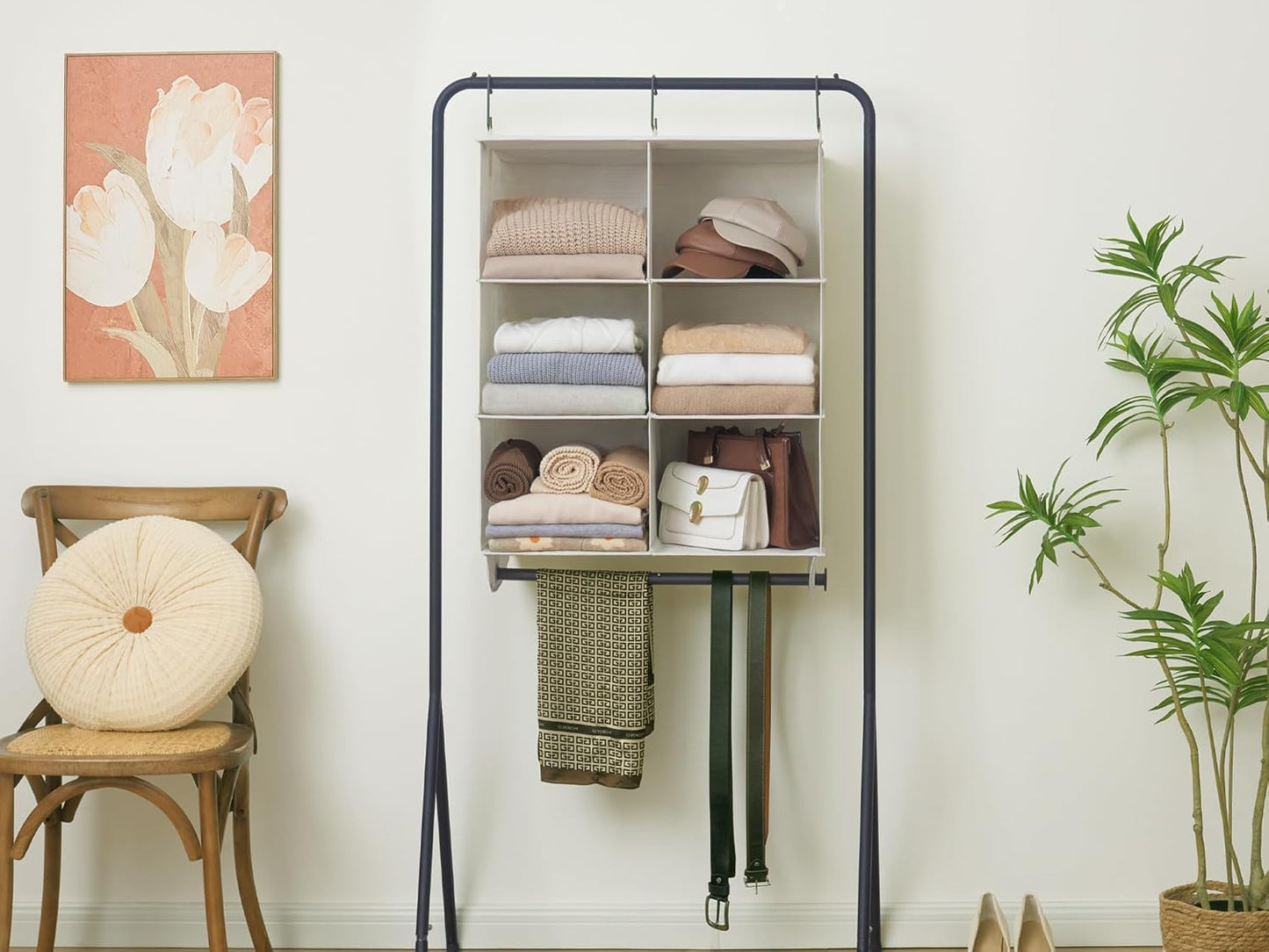 StorageWorks Hanging Closet Organizer with Metal Rod, 4-Section Closet Organizers and Storage, Collapsible Hanging Shelves for Baby Clothes, Shoes, Sweater Storage, Ivory and White