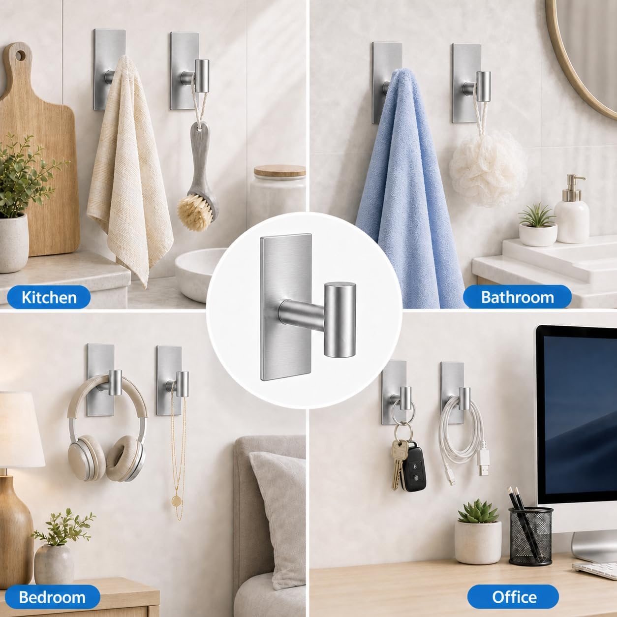 Removable Towel Hooks for Bathrooms, Heavy Duty Adhesive Hooks for Walls No Damage, Black Home Storage Hooks for Inside Shower, Sticky Hooks for Hanging Robe Coat Loofah Clothes Kitchen, 14Pcs Sus304
