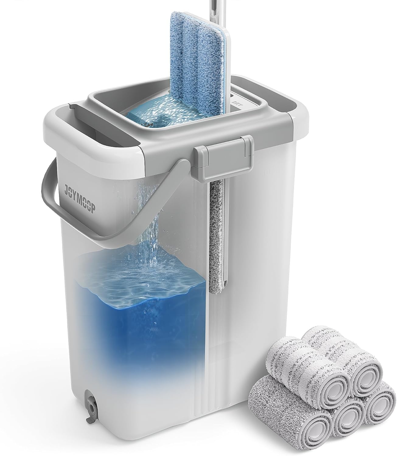 JOYMOOP Mop and Bucket Set, Flat Mops for Floor & Wall Cleaning, Commercial & Household Use, Hardwood Floor Mop with Long Handle & 4 Microfiber Pads