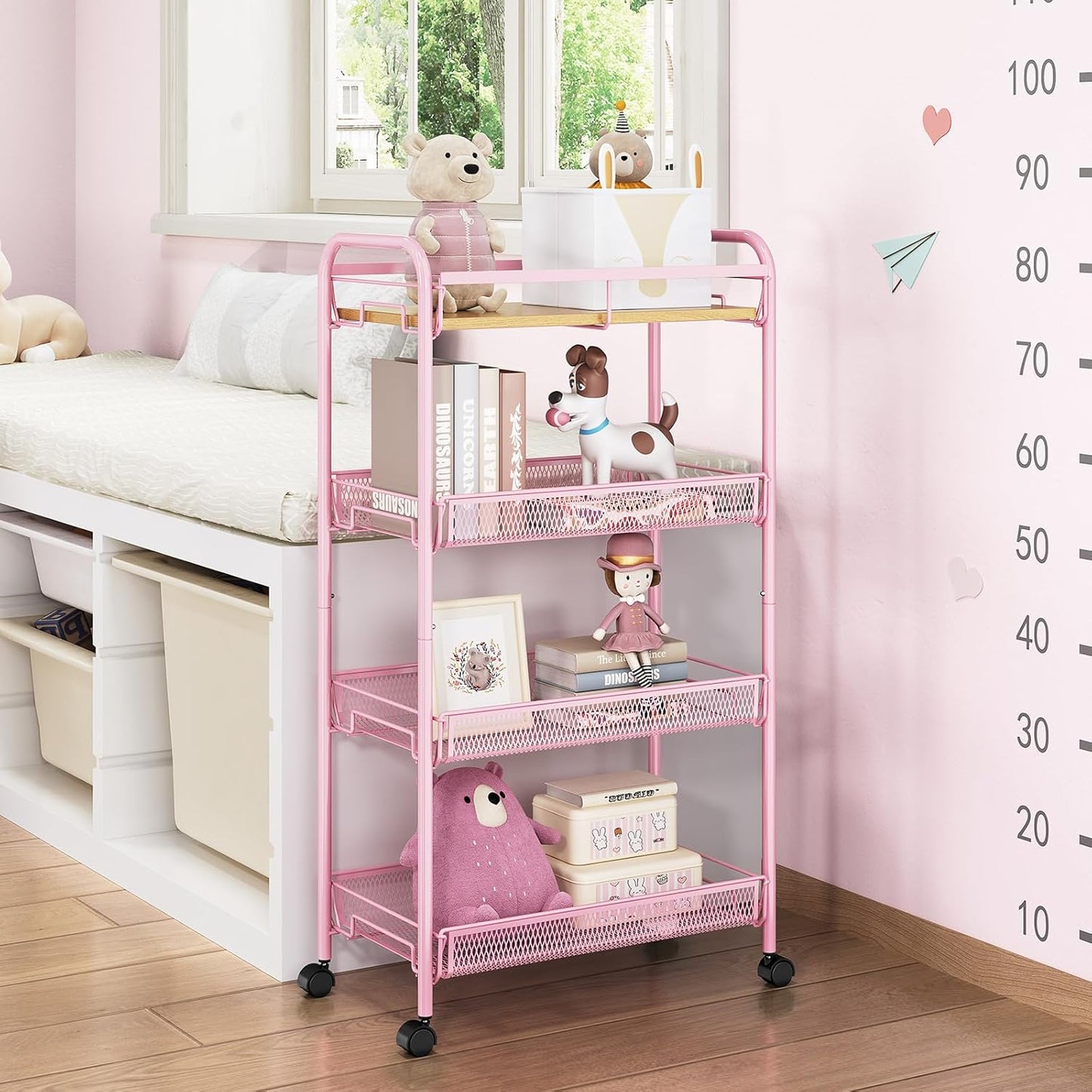 TOOLF 4-Tier Slim Rolling Cart, Metal Utility Cart, Slide Out Storage Cart with Wooden Tabletop and Mesh Baskets for Narrow Space on Kitchen Bathroom Laundry Room Bedroom Apartments Dormitory