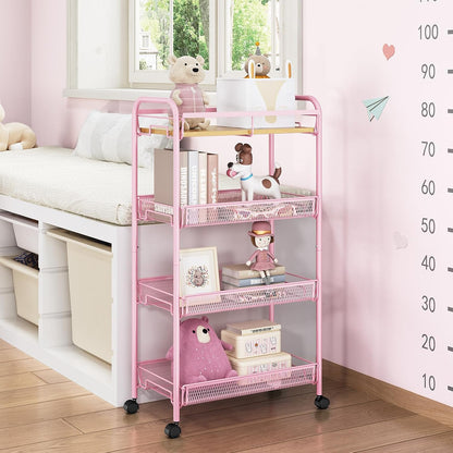 TOOLF 4-Tier Slim Rolling Cart, Metal Utility Cart, Slide Out Storage Cart with Wooden Tabletop and Mesh Baskets for Narrow Space on Kitchen Bathroom Laundry Room Bedroom Apartments Dormitory