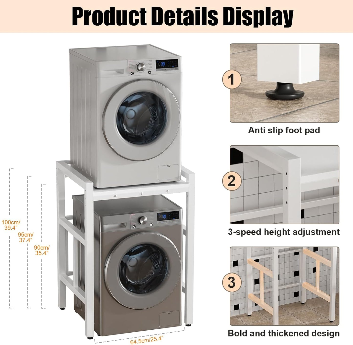 Washer Dryer Stacking Rack Stand, Over the Washer and Dryer Storage Shelf, Height Adjustable Standing Washer Dryer Machine Rack, Stackable Shelf for Laundry Room Apartments (White)