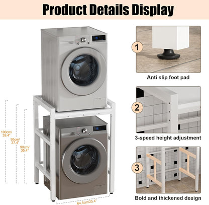 Washer Dryer Stacking Rack Stand, Over the Washer and Dryer Storage Shelf, Height Adjustable Standing Washer Dryer Machine Rack, Stackable Shelf for Laundry Room Apartments (White)