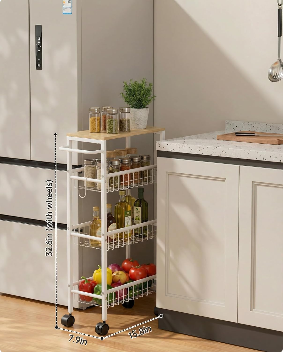 Rolling Utility Cart, 4-Tier Slim Narrow Storage Cart with Wheels for Kitchen, Laundry Room Organization, Metal Bathroom Organizer with Wood Top, Brown, 17.3" x 7.9" x 32.6"
