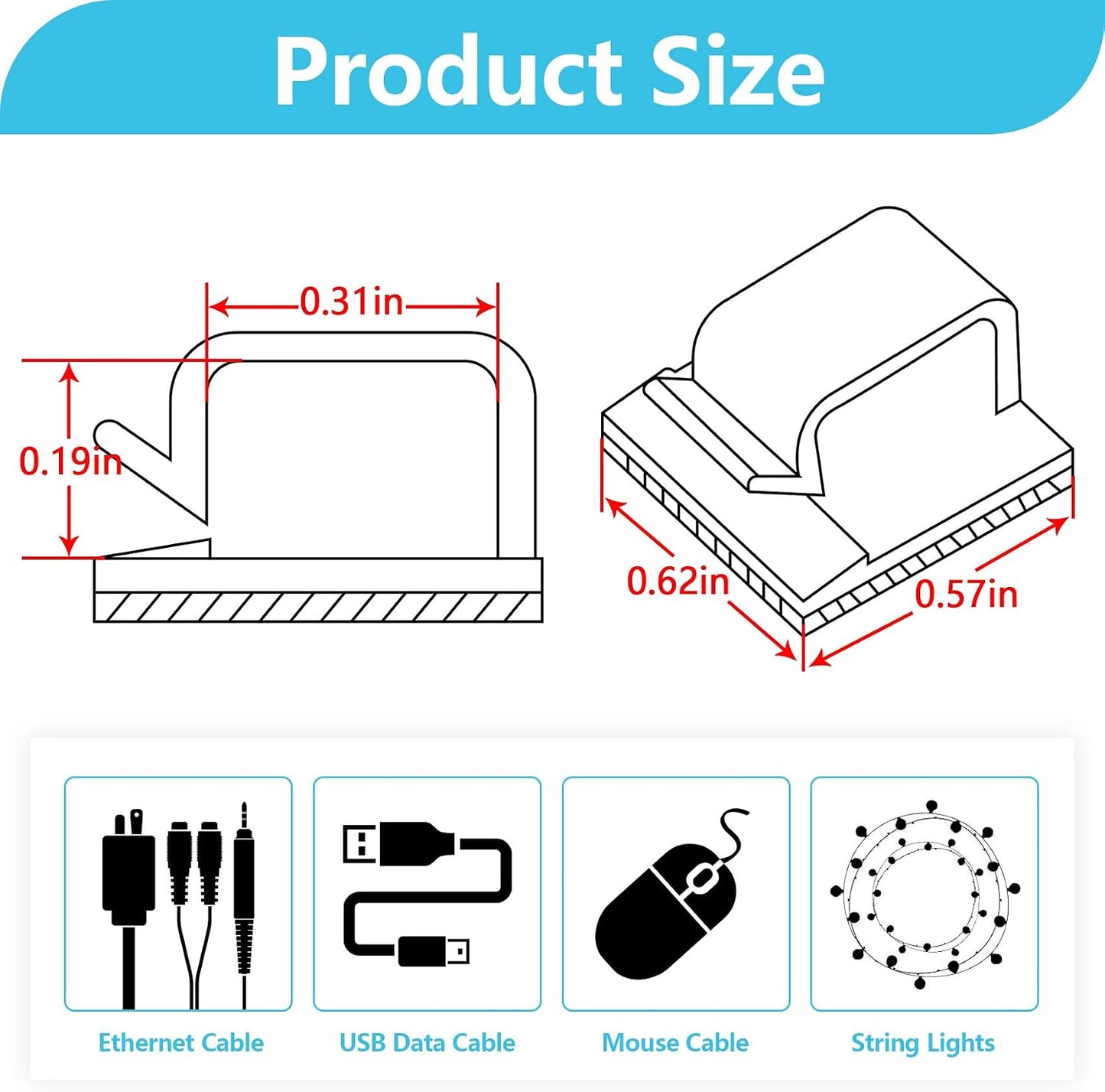 Abnii 100PCS Cable Clips, Adhesive Wire Clips Organizer Cord Clips Management, Cable Staples Outdoor Strong for Wall, Desk, Christmas Lights, String Lights, TV PC Ethernet Cable, Clear Small