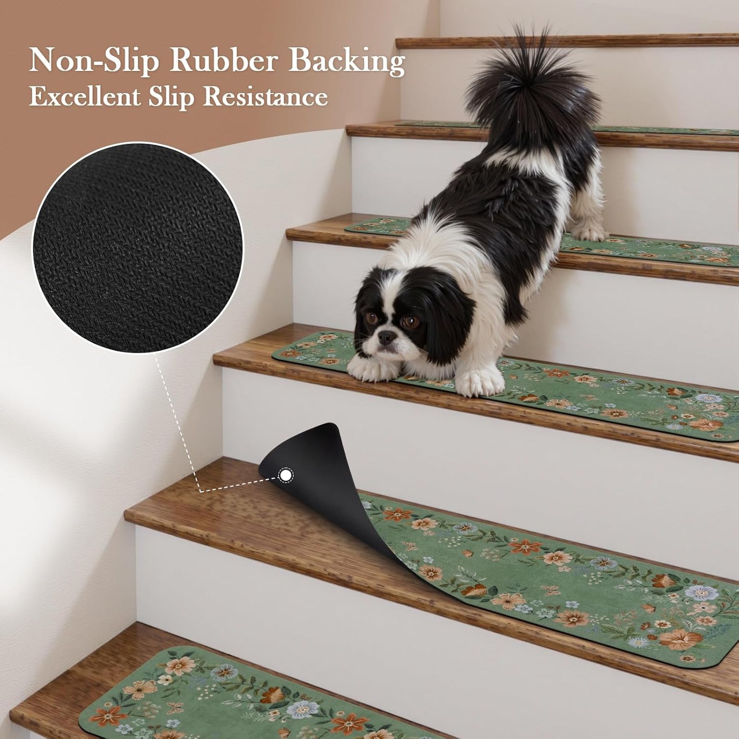 OJIA Floral Stair Treads Non-Slip Carpet Stair Treads for Wooden Steps Indoor 15PCS 30"x8" Stair Runner Stair Mats Staircase Step Treads for Kids, Elders and Dogs, Stair Covers, Black