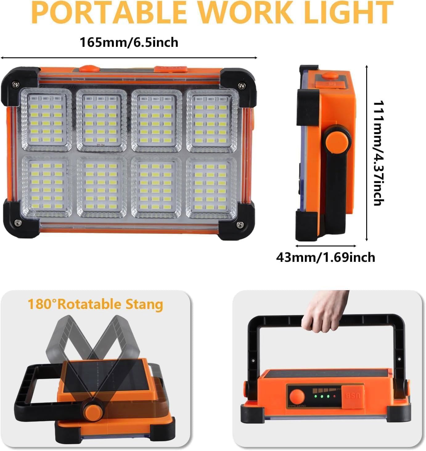 120W Solar Rechargeable Work Light, 144 LED 10000LM Portable Flood Light with Stand, IP66 Waterproof 4 Modes LED Job Site Lighting Flashlights for Mechanic Camping Fishing Car Repair